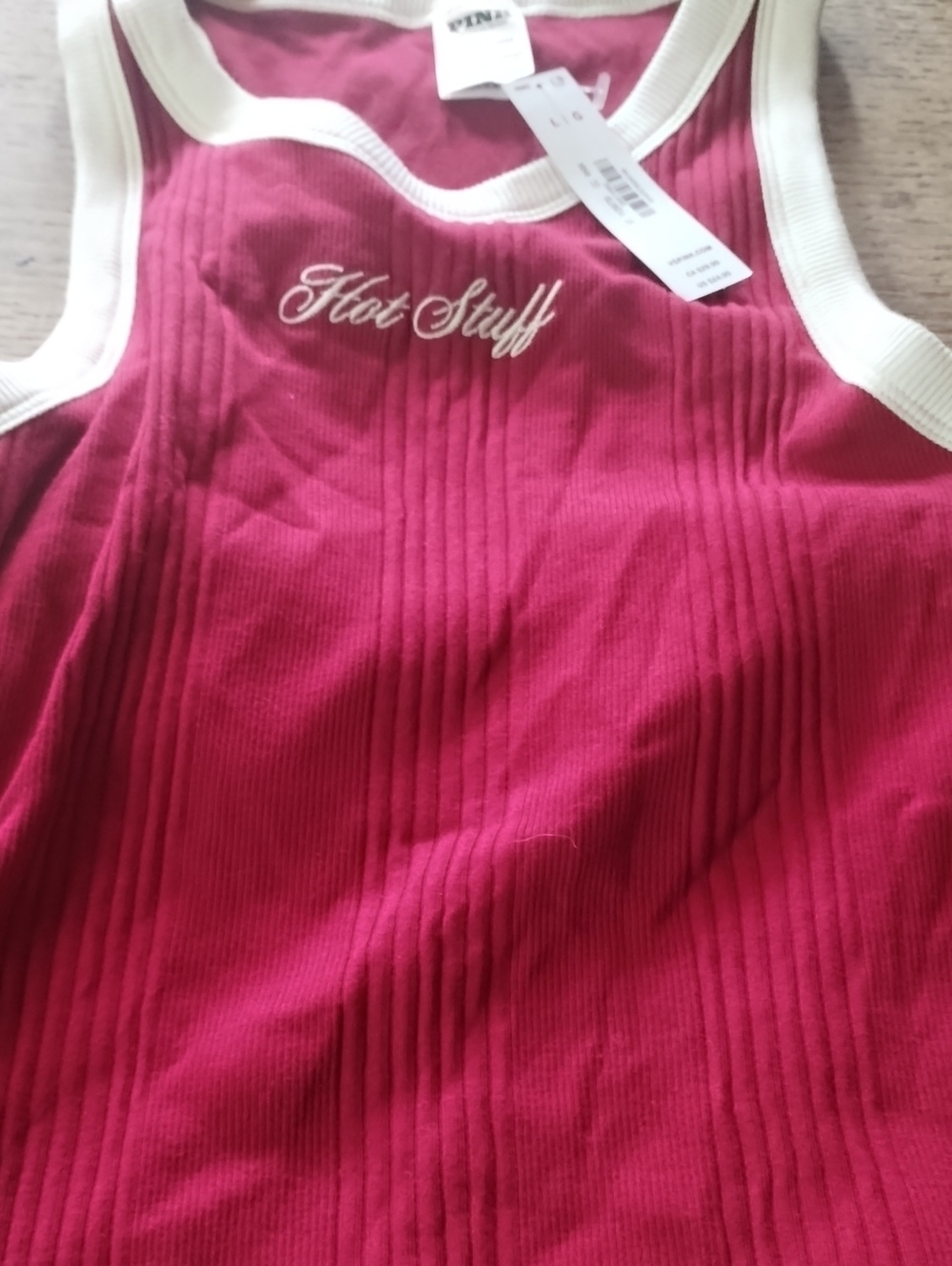 PINK Victoria's Secret Hot Stuff Ribbed Tank - Hot Pink with Cream Trim